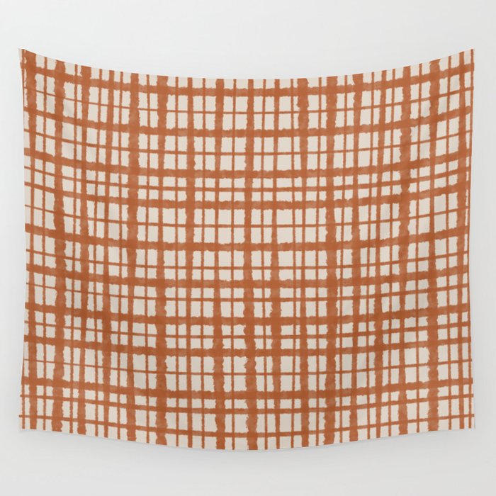 Retro Watercolor Plaid Painted Stripe Pattern in Clay and Putty Wall Tapestry Gallery Image 4