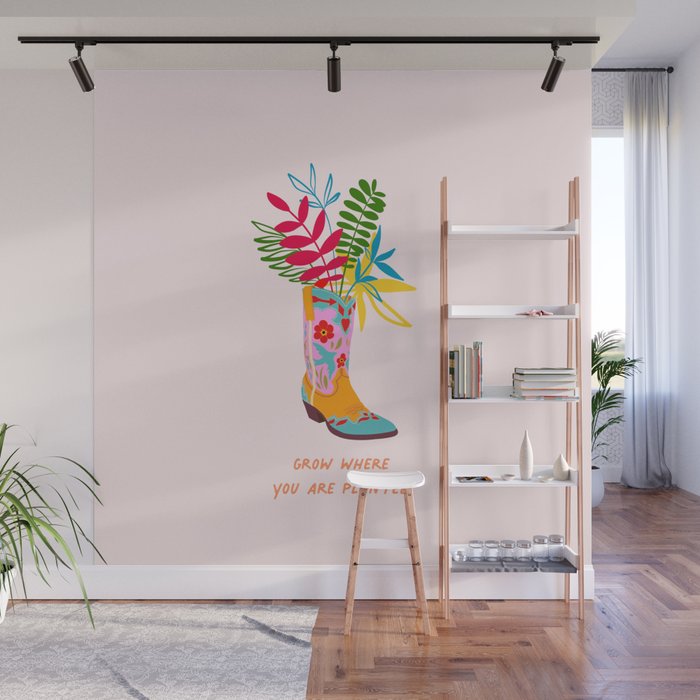 Grow where you are planted - Cowboy boot with Foliage Wall Mural Gallery Image 1