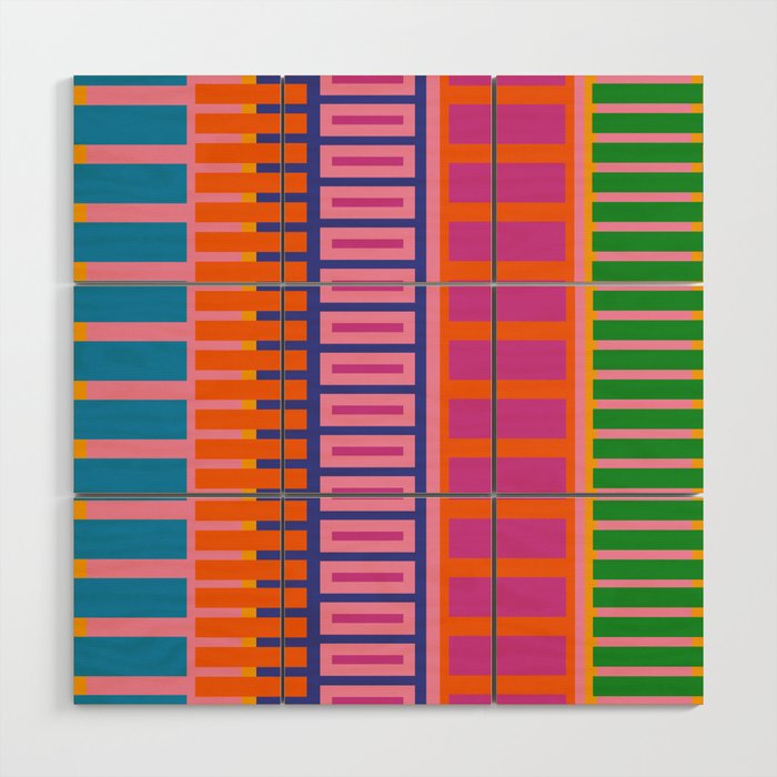 Colorful Bold Block Stripe Pattern in Pink Orange Blue Green Wood Wall Art Gallery Image 1