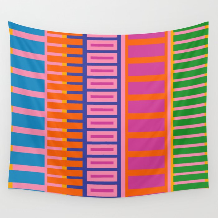 Colorful Bold Block Stripe Pattern in Pink Orange Blue Green Wall Tapestry Gallery Image 1