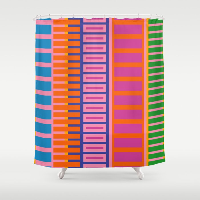 Colorful Bold Block Stripe Pattern in Pink Orange Blue Green Shower Curtain Gallery Image 1