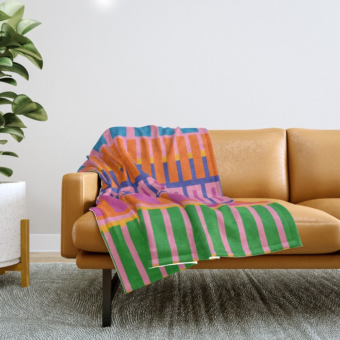 Colorful Bold Block Stripe Pattern in Pink Orange Blue Green Throw Blanket Gallery Image 1