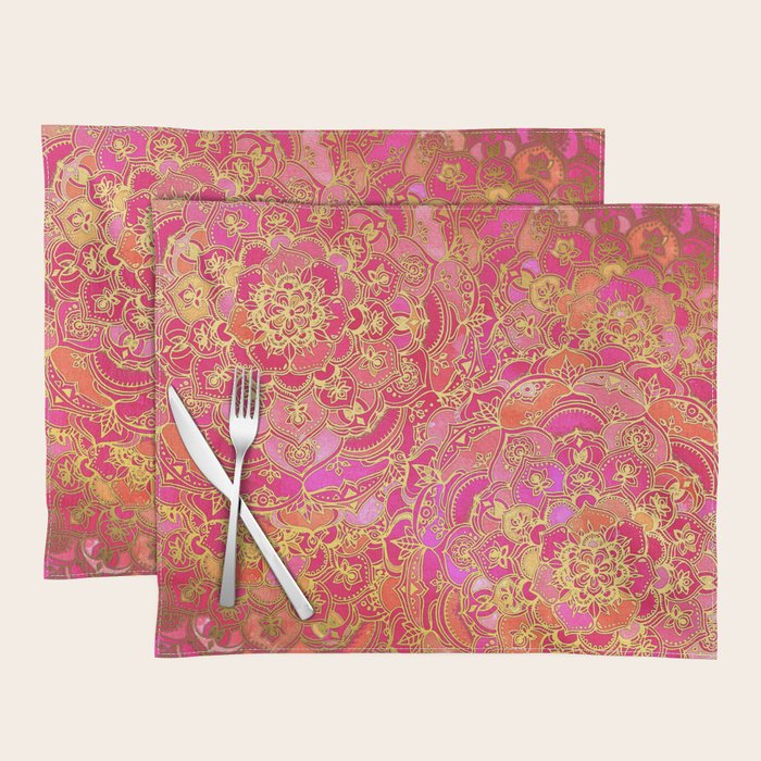 Hot Pink and Gold Baroque Floral Pattern Placemat Gallery Image 1