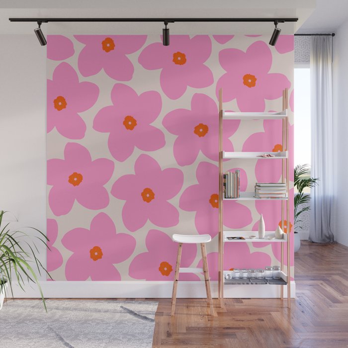 Abstract Retro Flower Pink Orange And Neutral Print Preppy Modern Floral Wall Mural Gallery Image 1