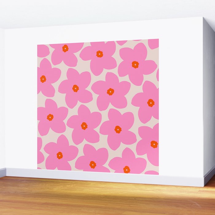 Abstract Retro Flower Pink Orange And Neutral Print Preppy Modern Floral Wall Mural Gallery Image 2