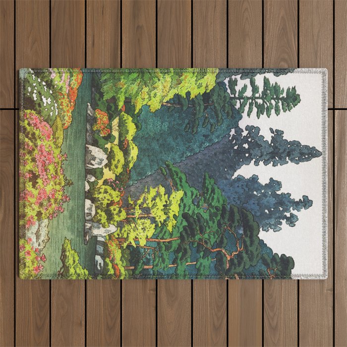Resting at Dogo - Nature Ukiyo Landscape in Green, Orange, Red & Blue Outdoor Rug Gallery Image 1