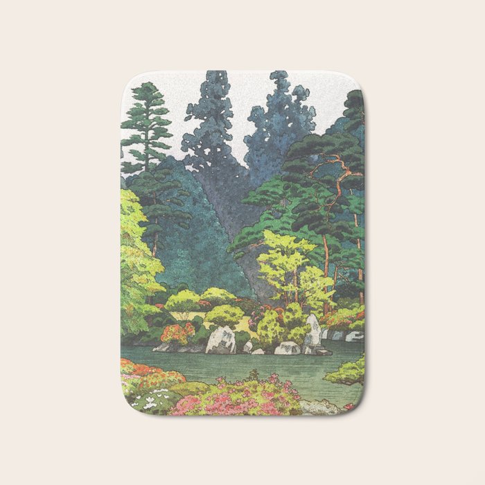 Resting at Dogo - Nature Ukiyo Landscape in Green, Orange, Red & Blue Bath Mat Gallery Image 1