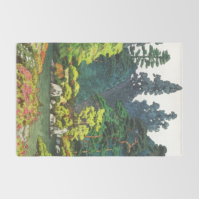 Resting at Dogo - Nature Ukiyo Landscape in Green, Orange, Red & Blue Rug Gallery Image 2