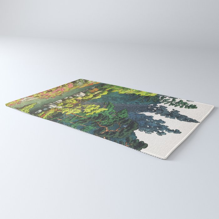 Resting at Dogo - Nature Ukiyo Landscape in Green, Orange, Red & Blue Rug Gallery Image 3