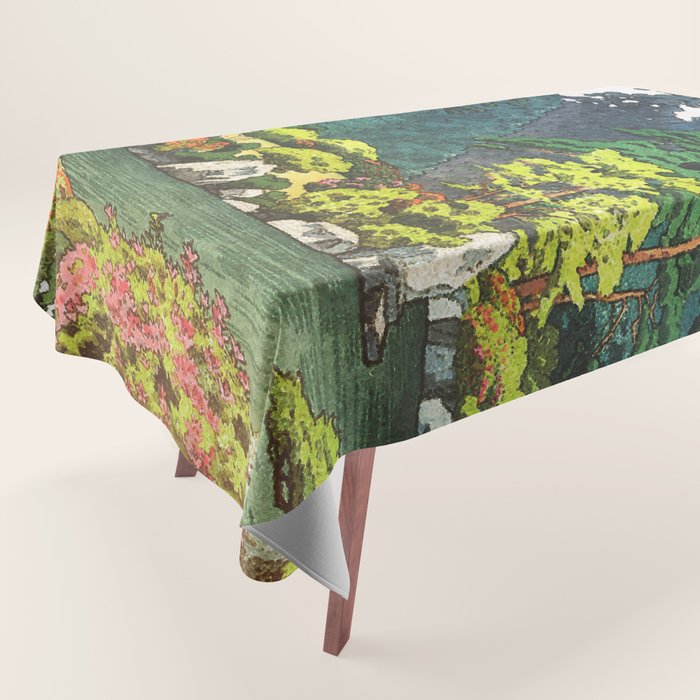 Resting at Dogo - Nature Ukiyo Landscape in Green, Orange, Red & Blue Tablecloth Gallery Image 1