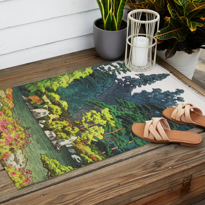 Resting at Dogo - Nature Ukiyo Landscape in Green, Orange, Red & Blue Outdoor Rug Gallery Image 2