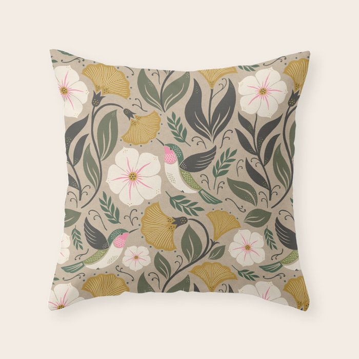 Hummingbird and Flowers Throw Pillow Gallery Image 1