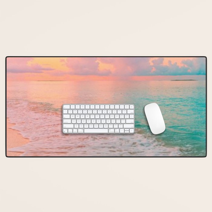 Beautiful: Aqua, Turquoise, Pink, Sunset Relaxing, Peaceful, Coastal Seashore Desk Mat Gallery Image 1
