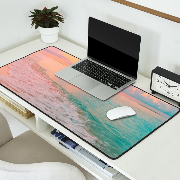 Beautiful: Aqua, Turquoise, Pink, Sunset Relaxing, Peaceful, Coastal Seashore Desk Mat Gallery Image 2