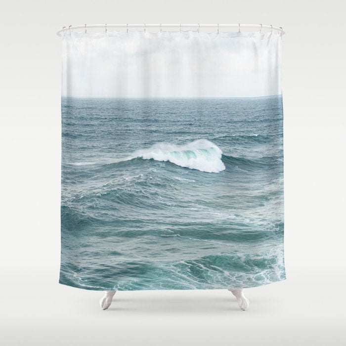 Atlantic Blues | Blue Ocean Water on the Coast of Nazaré Art Print | Wave Photography in Portugal Shower Curtain Gallery Image 1