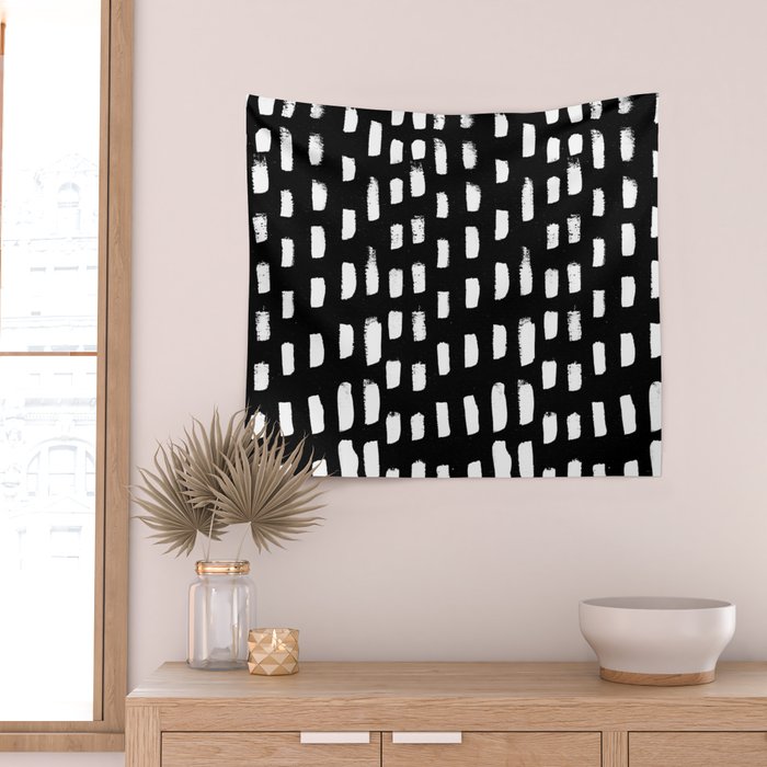 Artistic modern black white paint brushstrokes Wall Tapestry Gallery Image 2