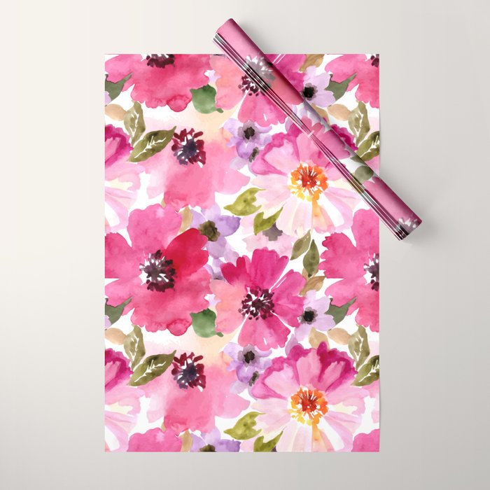 Watercolor Flowers Pink Fuchsia Wrapping Paper Gallery Image 1