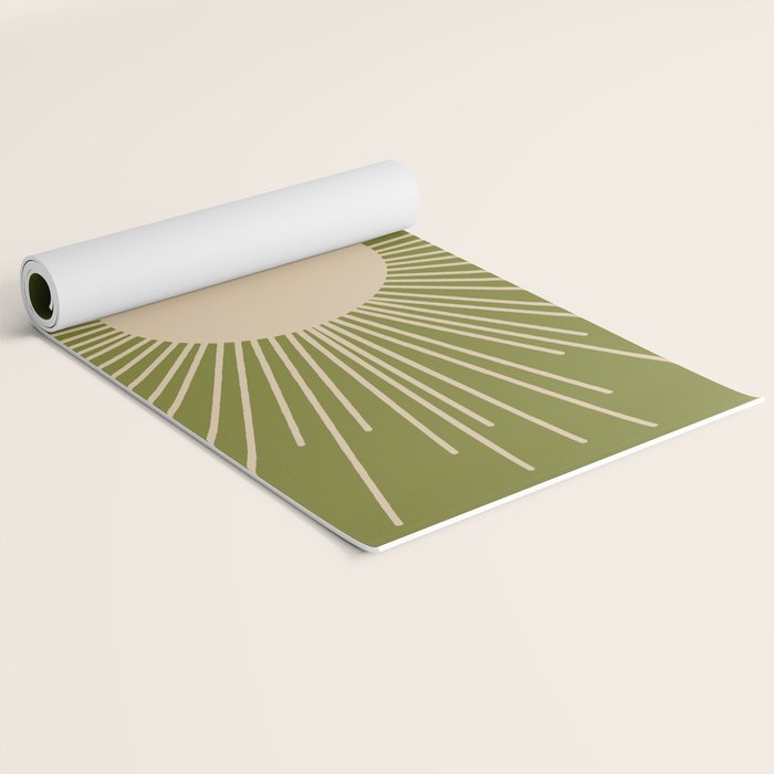 Mid-Century Modern Sunburst - Minimalist Sun in Mid Mod Beige and Olive Green Yoga Mat Gallery Image 2
