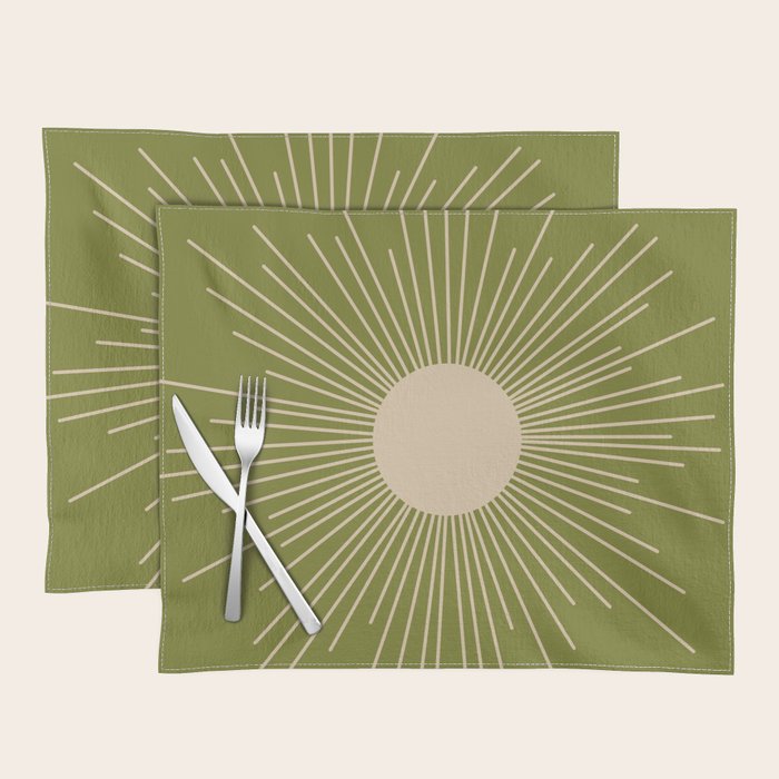 Mid-Century Modern Sunburst - Minimalist Sun in Mid Mod Beige and Olive Green Placemat Gallery Image 1