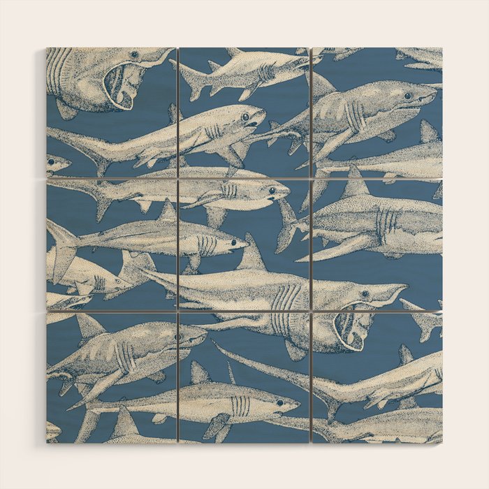 just sharks cobalt denim Wood Wall Art Gallery Image 1