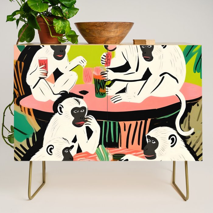 Game Weekend, Monkey Pastel Tropical Playing Cards, Fun Eclectic Party Drinks Alcohol Jungle, Wild Animals Friends Hangout Painting Credenza Gallery Image 1