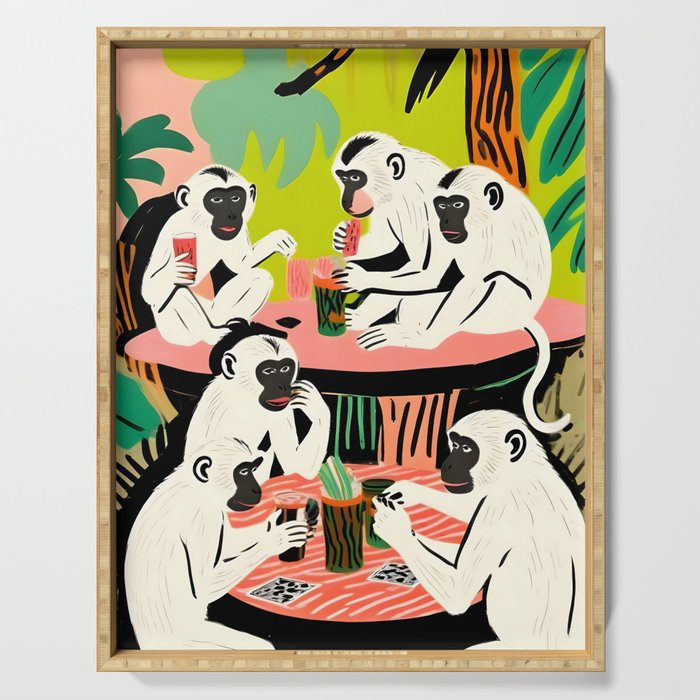 Game Weekend, Monkey Pastel Tropical Playing Cards, Fun Eclectic Party Drinks Alcohol Jungle, Wild Animals Friends Hangout Painting Serving Tray Gallery Image 1