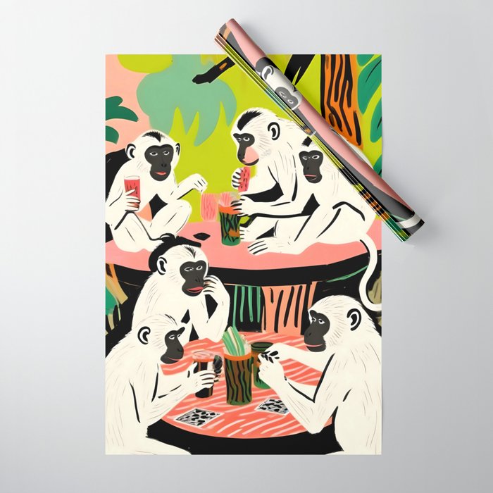 Game Weekend, Monkey Pastel Tropical Playing Cards, Fun Eclectic Party Drinks Alcohol Jungle, Wild Animals Friends Hangout Painting Wrapping Paper Gallery Image 1