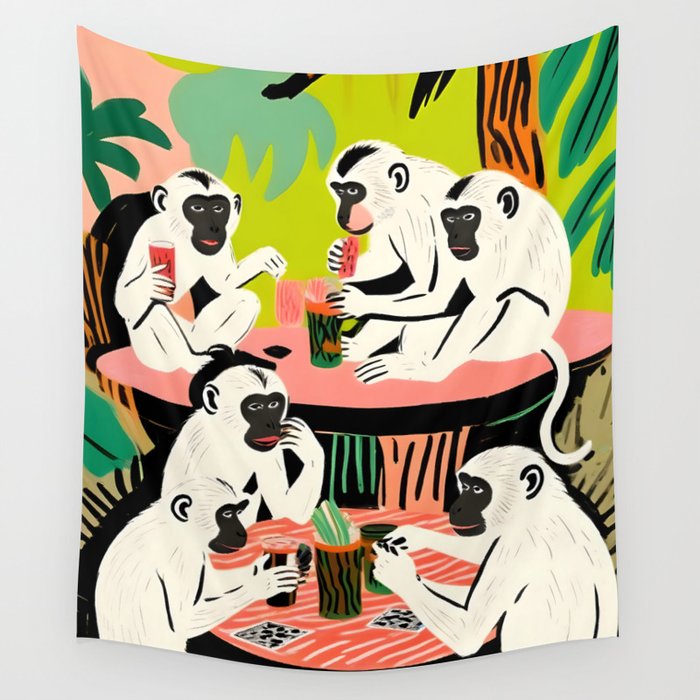 Game Weekend, Monkey Pastel Tropical Playing Cards, Fun Eclectic Party Drinks Alcohol Jungle, Wild Animals Friends Hangout Painting Wall Tapestry Gallery Image 4