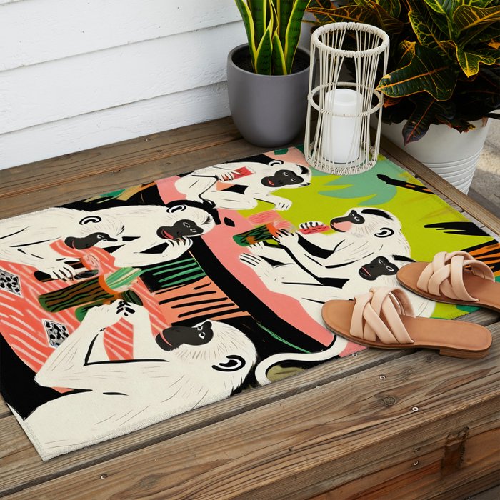 Game Weekend, Monkey Pastel Tropical Playing Cards, Fun Eclectic Party Drinks Alcohol Jungle, Wild Animals Friends Hangout Painting Outdoor Rug Gallery Image 2