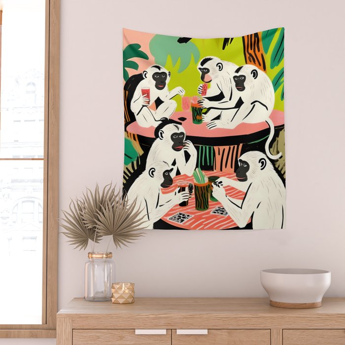 Game Weekend, Monkey Pastel Tropical Playing Cards, Fun Eclectic Party Drinks Alcohol Jungle, Wild Animals Friends Hangout Painting Wall Tapestry Gallery Image 2