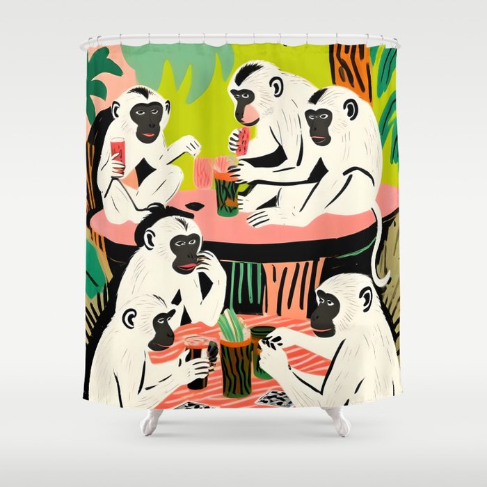 Game Weekend, Monkey Pastel Tropical Playing Cards, Fun Eclectic Party Drinks Alcohol Jungle, Wild Animals Friends Hangout Painting Shower Curtain Gallery Image 1