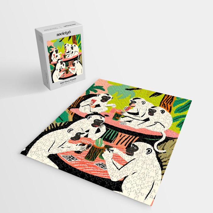 Game Weekend, Monkey Pastel Tropical Playing Cards, Fun Eclectic Party Drinks Alcohol Jungle, Wild Animals Friends Hangout Painting Jigsaw Puzzle Gallery Image 2
