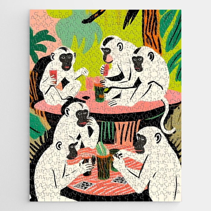 Game Weekend, Monkey Pastel Tropical Playing Cards, Fun Eclectic Party Drinks Alcohol Jungle, Wild Animals Friends Hangout Painting Jigsaw Puzzle Gallery Image 1