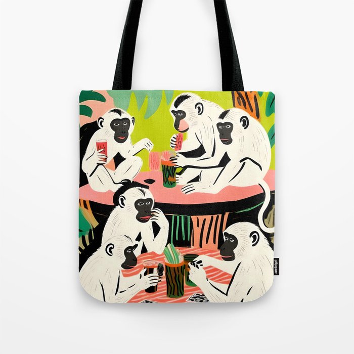 Game Weekend, Monkey Pastel Tropical Playing Cards, Fun Eclectic Party Drinks Alcohol Jungle, Wild Animals Friends Hangout Painting Tote Bag Gallery Image 1
