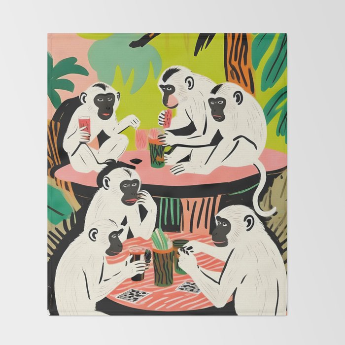 Game Weekend, Monkey Pastel Tropical Playing Cards, Fun Eclectic Party Drinks Alcohol Jungle, Wild Animals Friends Hangout Painting Throw Blanket Gallery Image 2