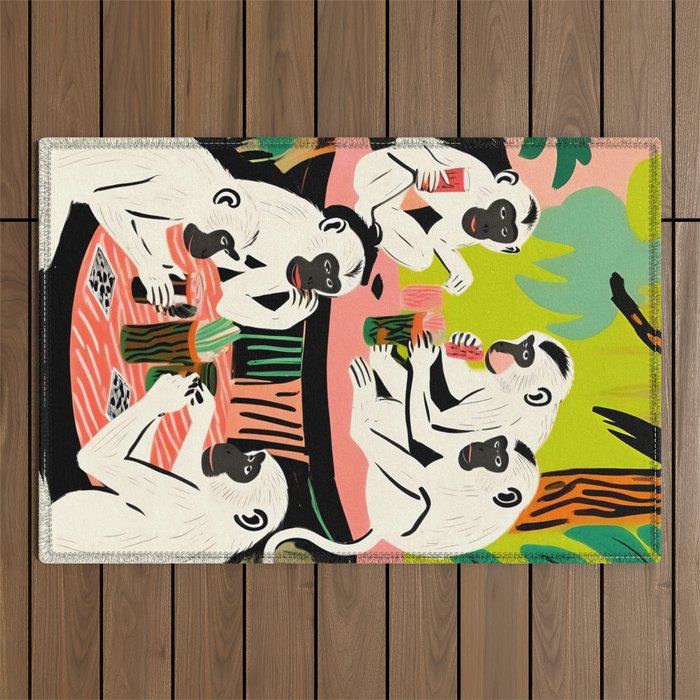 Game Weekend, Monkey Pastel Tropical Playing Cards, Fun Eclectic Party Drinks Alcohol Jungle, Wild Animals Friends Hangout Painting Outdoor Rug Gallery Image 1