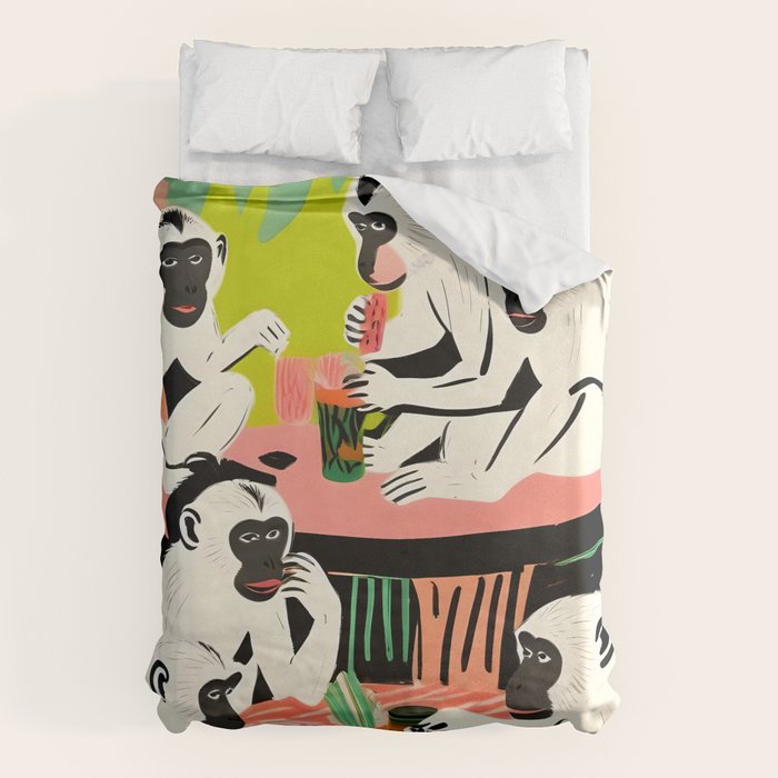 Game Weekend, Monkey Pastel Tropical Playing Cards, Fun Eclectic Party Drinks Alcohol Jungle, Wild Animals Friends Hangout Painting Duvet Cover Gallery Image 6