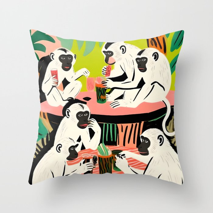 Game Weekend, Monkey Pastel Tropical Playing Cards, Fun Eclectic Party Drinks Alcohol Jungle, Wild Animals Friends Hangout Painting Throw Pillow Gallery Image 6