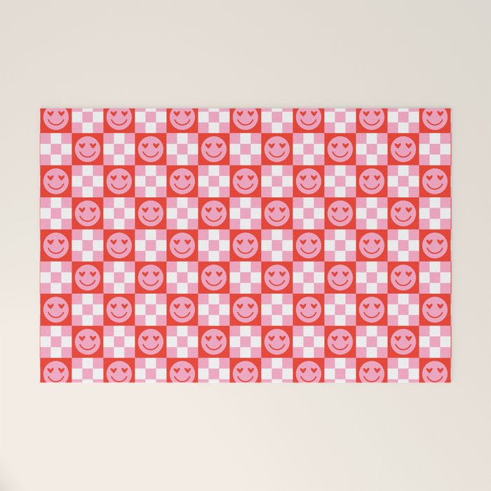 Retro love heart face checkered pattern Welcome Mat Gallery Image 1