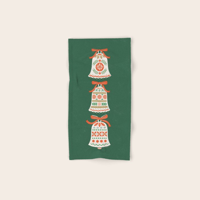 Folk Art Holiday Bells - Forest Green Bath Towel Gallery Image 1