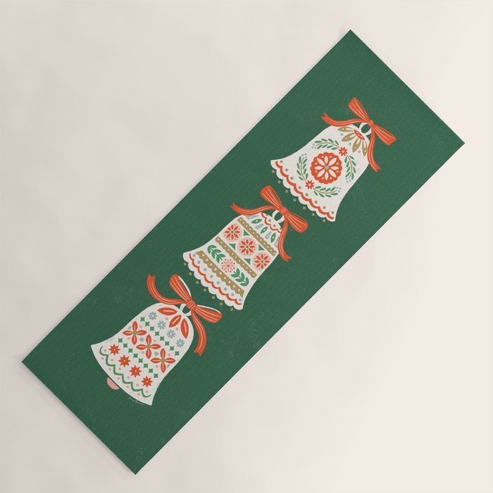 Folk Art Holiday Bells - Forest Green Yoga Mat Gallery Image 1
