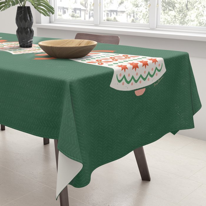 Folk Art Holiday Bells - Forest Green Tablecloth Gallery Image 3
