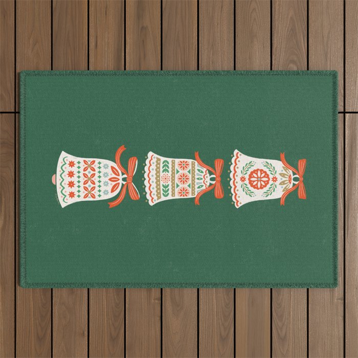 Folk Art Holiday Bells - Forest Green Outdoor Rug Gallery Image 1