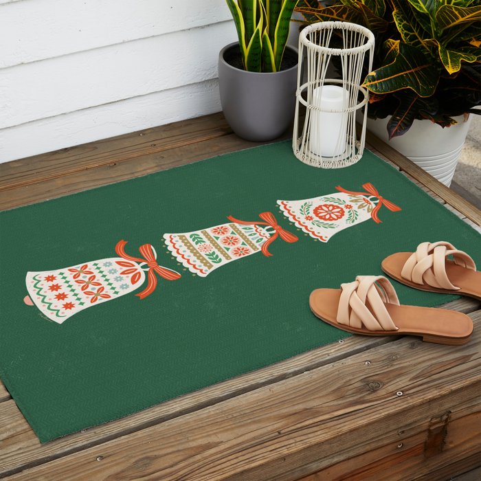 Folk Art Holiday Bells - Forest Green Outdoor Rug Gallery Image 2