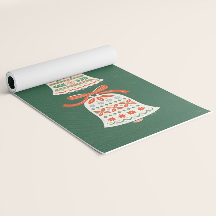 Folk Art Holiday Bells - Forest Green Yoga Mat Gallery Image 2