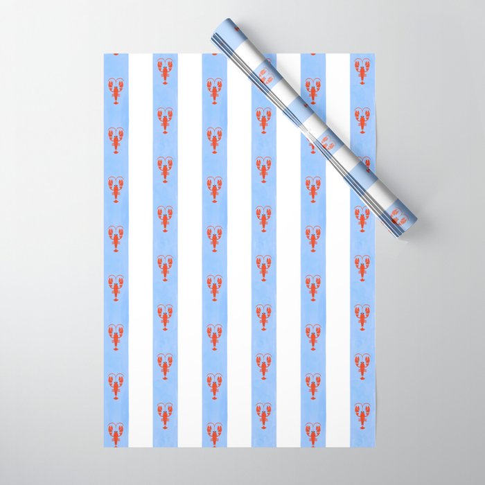 Red Lobsters On Hand-Painted Bright Blue Stripes Wrapping Paper Gallery Image 1