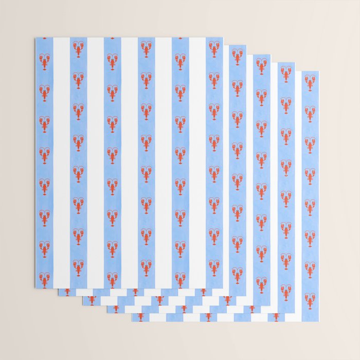 Red Lobsters On Hand-Painted Bright Blue Stripes Wrapping Paper Gallery Image 3