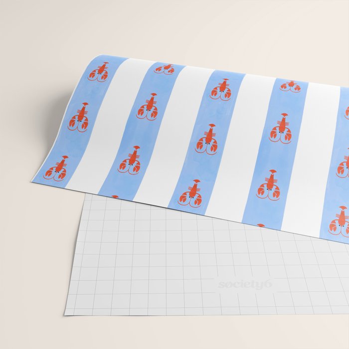 Red Lobsters On Hand-Painted Bright Blue Stripes Wrapping Paper Gallery Image 2