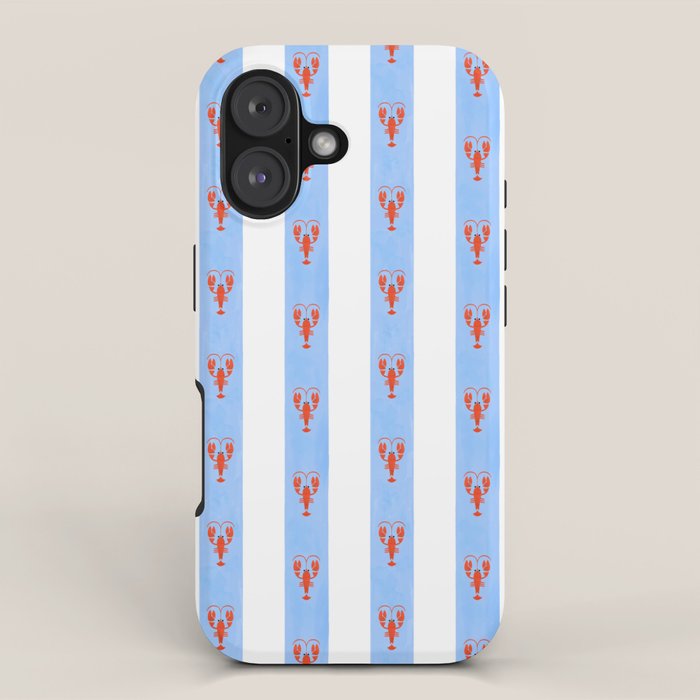 Red Lobsters On Hand-Painted Bright Blue Stripes iPhone Case Gallery Image 1