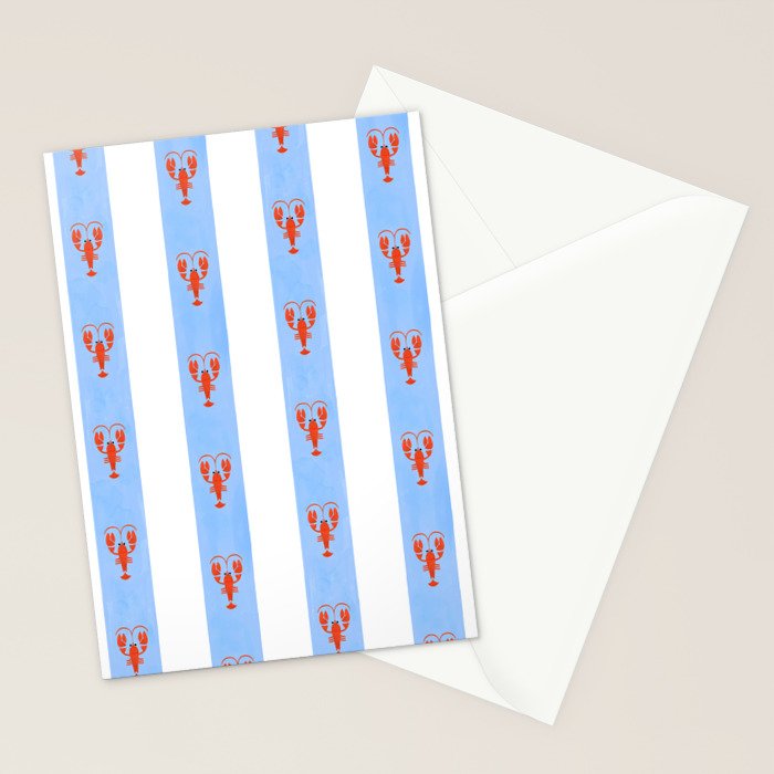 Red Lobsters On Hand-Painted Bright Blue Stripes Stationery Card Gallery Image 2